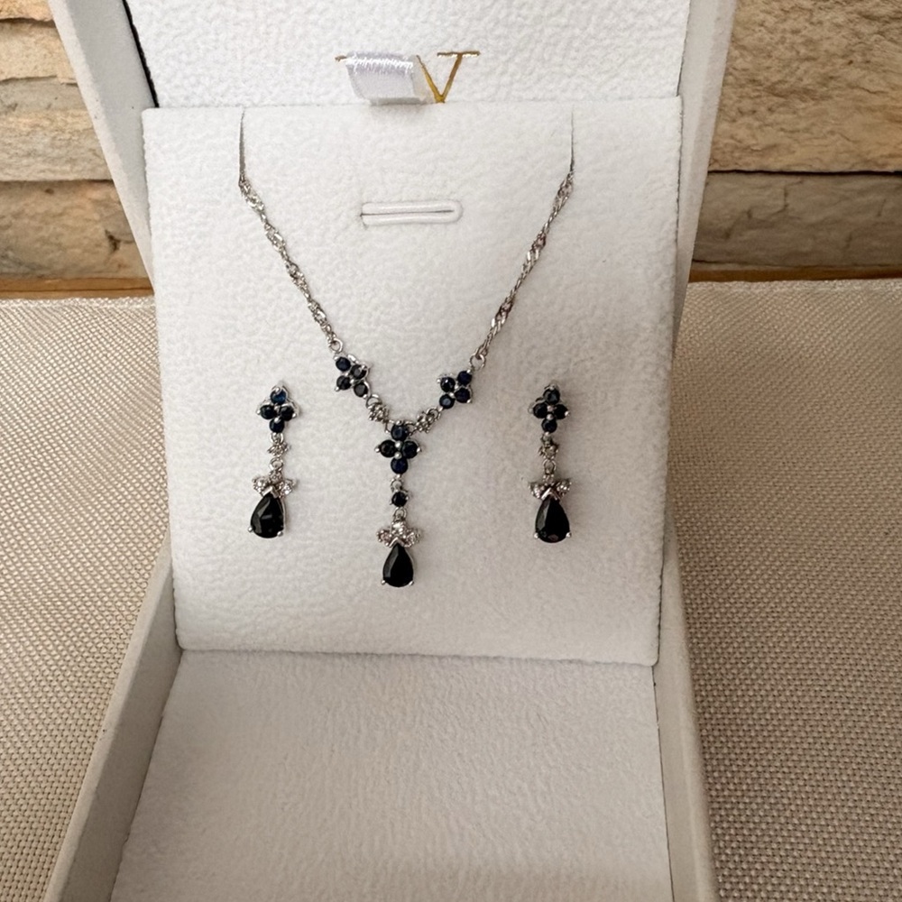 14K White Gold Sapphire & Diamond Necklace with Silver Matching Earrings